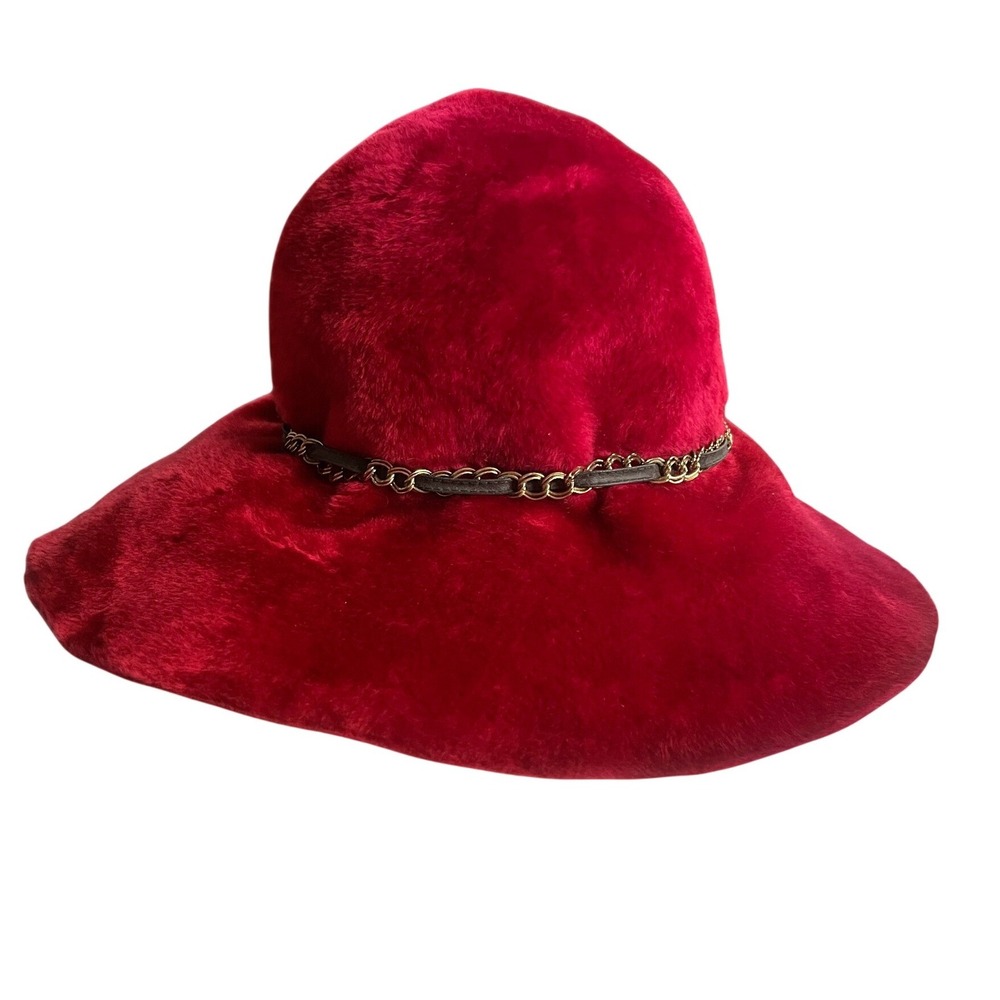 Vintage Betmar New York Red Faux Fur Wide Brim Hat Gold Chain Fall Bow Detail